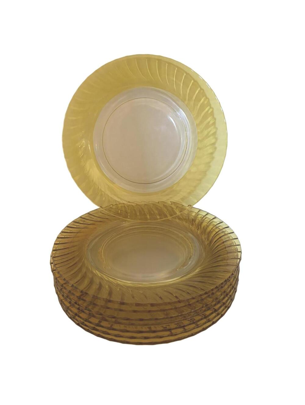 Set of 8  Pressed Glass Dinner Plates 8.5 in Ribbed Yellow Rim